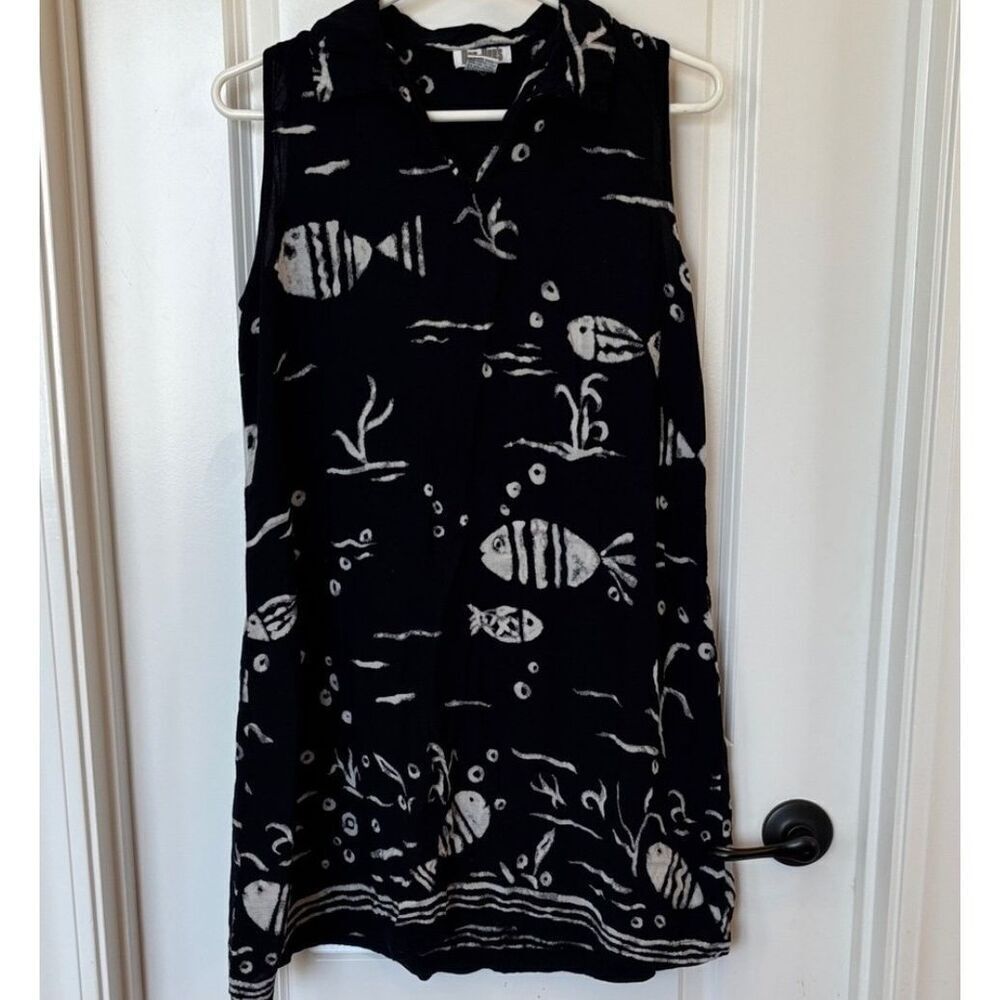 Vintage Dee Dee's Sz M Black Batik Fish Boho Short Shift Dress Sleeveless Collar